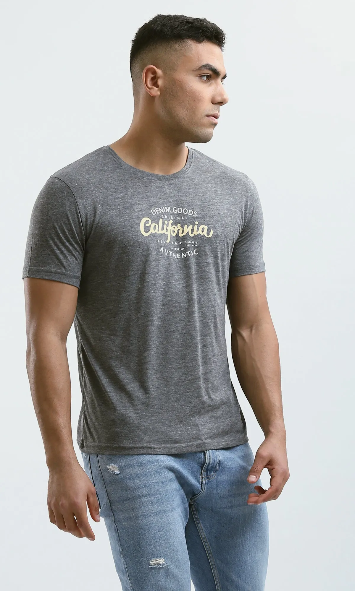 O182902 Heather Dark Grey Printed "California" Short Sleeves Tee