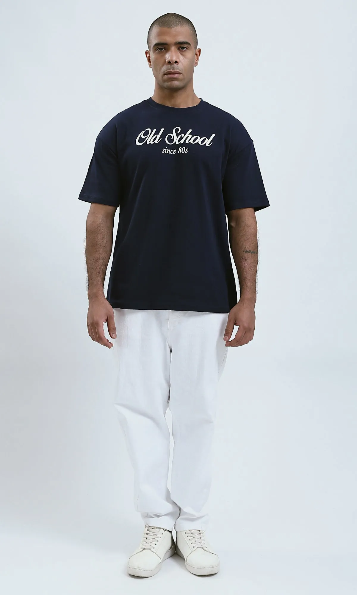 O191646 - Dark Navy Slip On Printed Tee with Round Neck