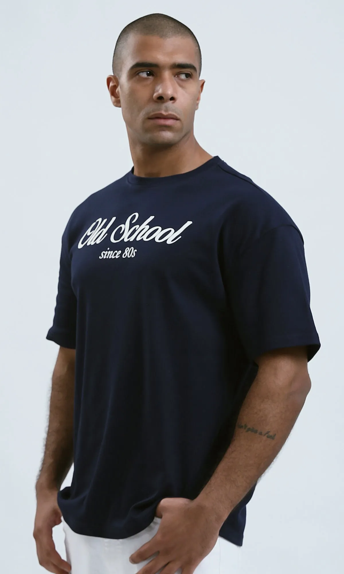 O191646 - Dark Navy Slip On Printed Tee with Round Neck
