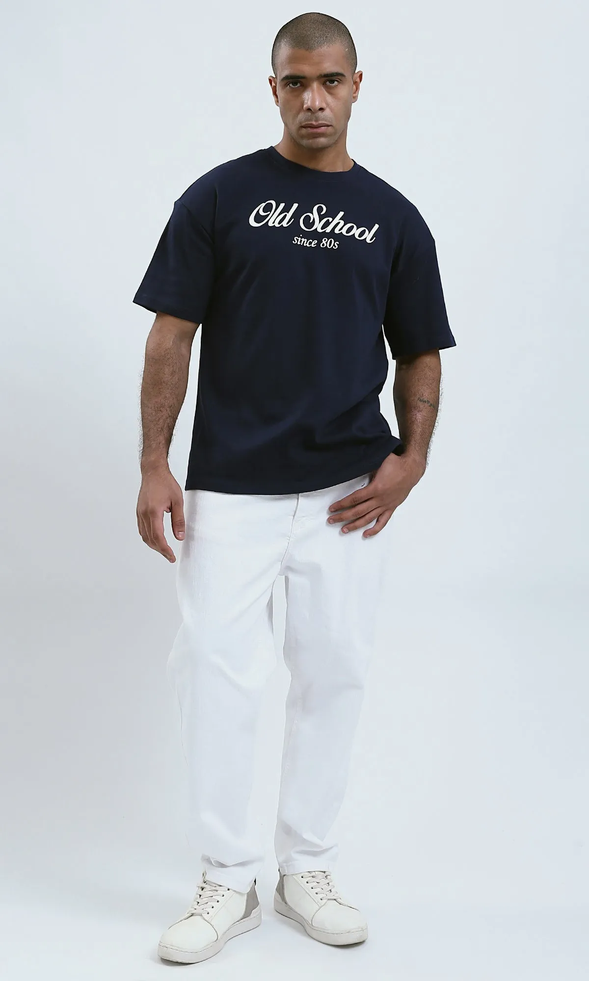 O191646 - Dark Navy Slip On Printed Tee with Round Neck
