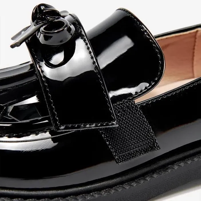 Patent Leather Loafers with Bow, Black Glossy Finish, Fringe Detail