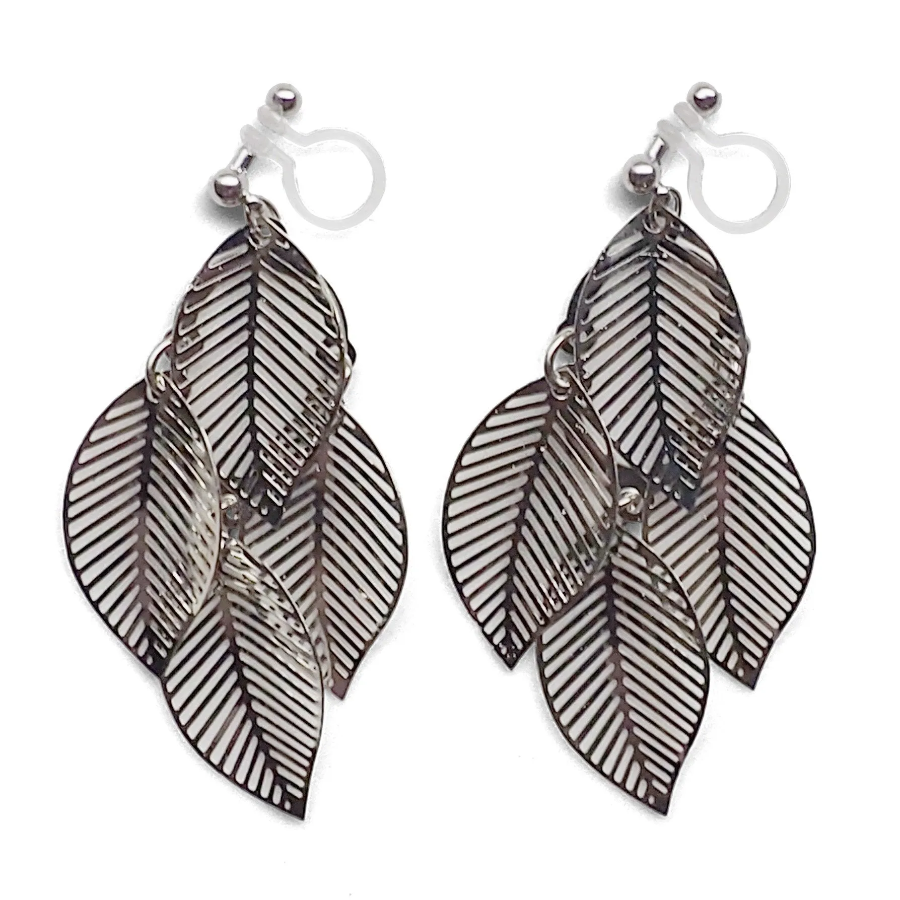 Silver four leaf filigree invisible clip on earrings