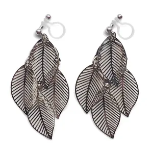 Silver four leaf filigree invisible clip on earrings