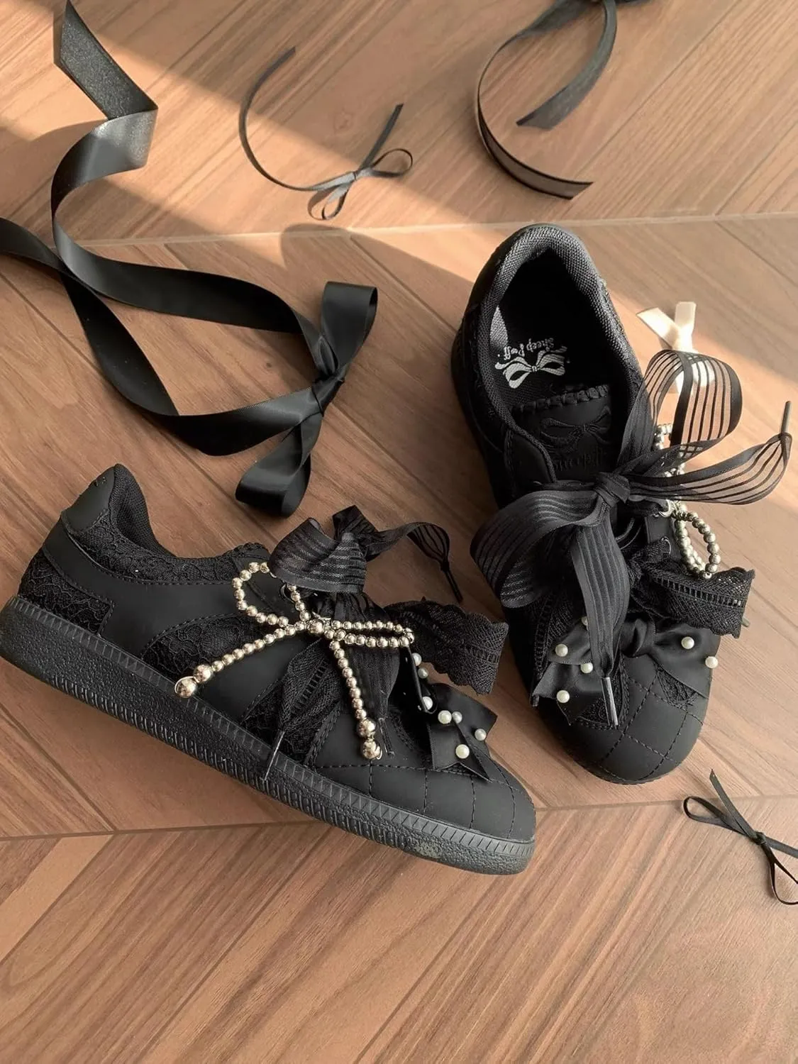 Sneakerina Ballet Sneaker Chunky Dad Shoes Tennis & Racquet Sport Bow Pearl Flats Women YBZY042506-xieziGirls - Cute Comfortable Walking Lightweight Running Soft Y2K Retro Non Slip Elegant Athleisure