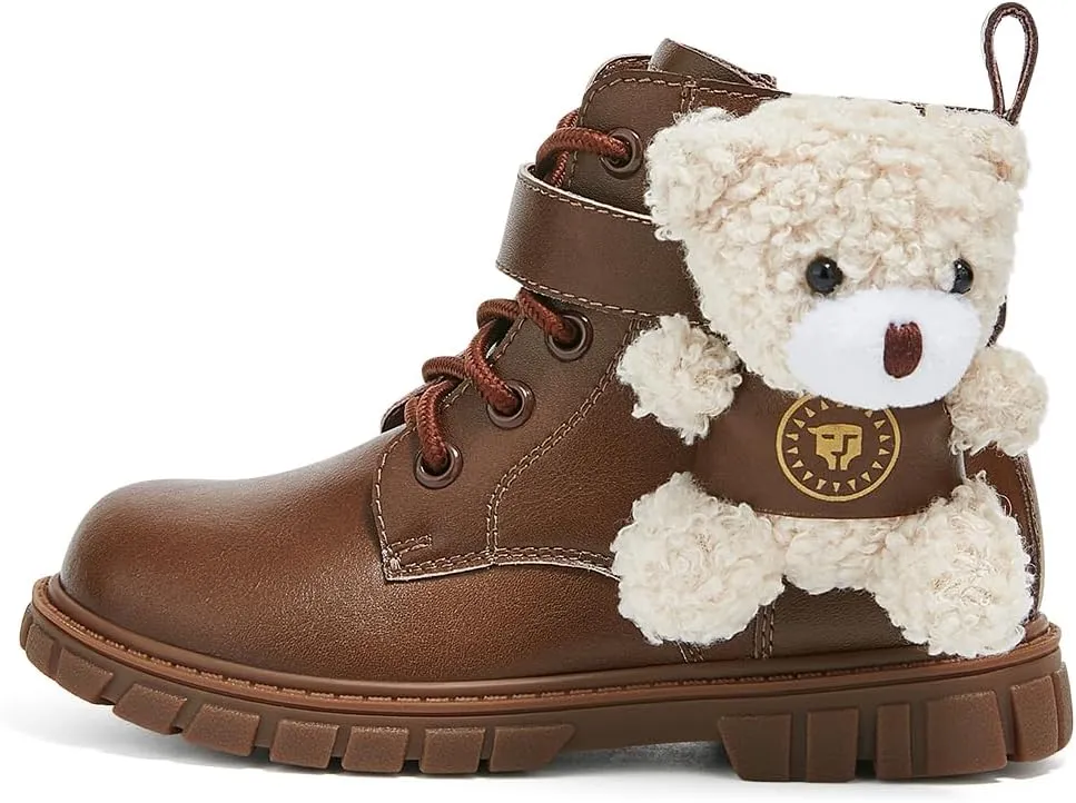 Toddler Boots Girls Boys Warm Winter Waterproof Lace-up Side Zipper Bear Ankle Boots