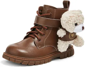 Toddler Boots Girls Boys Warm Winter Waterproof Lace-up Side Zipper Bear Ankle Boots