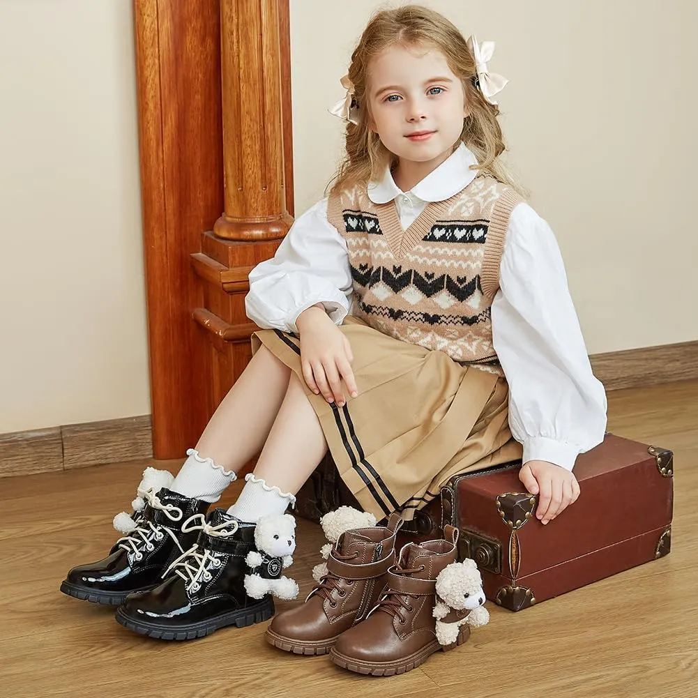 Toddler Boots Girls Boys Warm Winter Waterproof Lace-up Side Zipper Bear Ankle Boots
