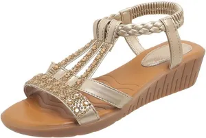 Wedge Sandals for Women Comfortable Rhinestone Beaded Bohemian Sandals, Womens Slip On Flat Wedges Open Toe Ankle Strap Beach Shoes T-Strap Dress Sandal