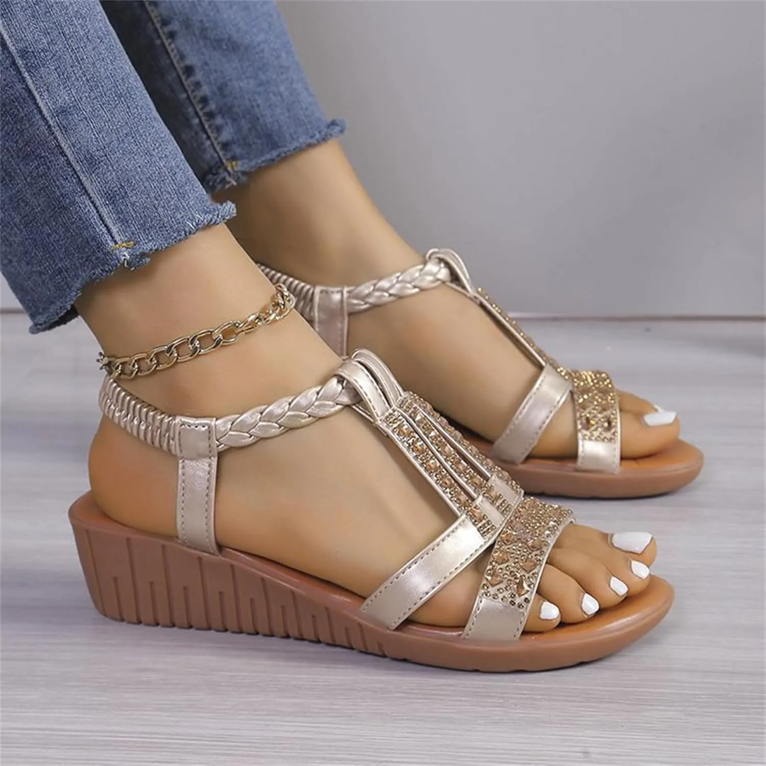 Wedge Sandals for Women Comfortable Rhinestone Beaded Bohemian Sandals, Womens Slip On Flat Wedges Open Toe Ankle Strap Beach Shoes T-Strap Dress Sandal