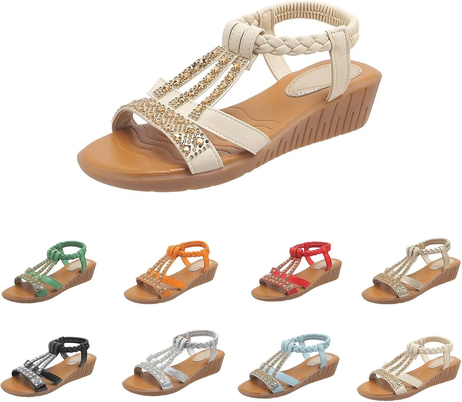 Wedge Sandals for Women Comfortable Rhinestone Beaded Bohemian Sandals, Womens Slip On Flat Wedges Open Toe Ankle Strap Beach Shoes T-Strap Dress Sandal