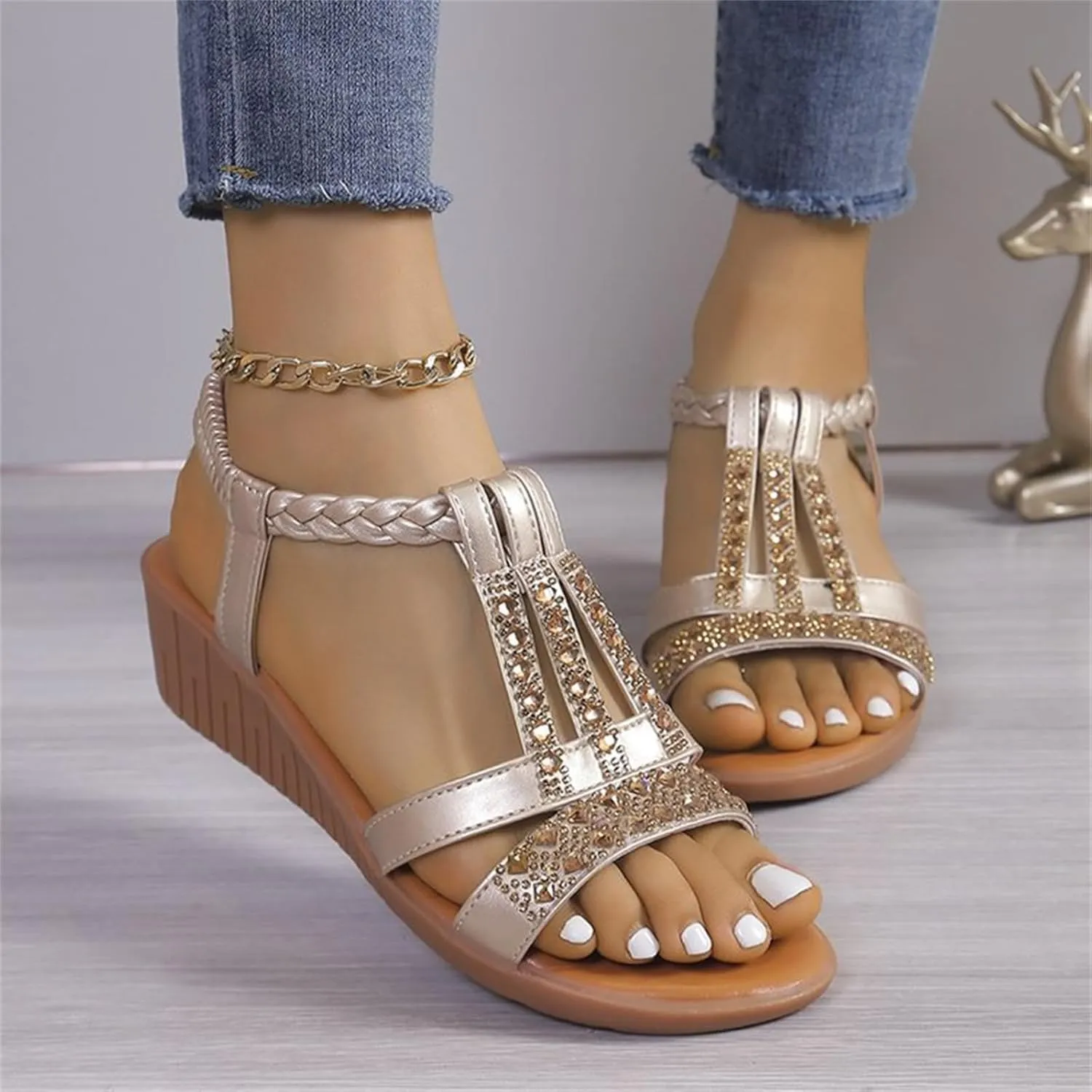 Wedge Sandals for Women Comfortable Rhinestone Beaded Bohemian Sandals, Womens Slip On Flat Wedges Open Toe Ankle Strap Beach Shoes T-Strap Dress Sandal
