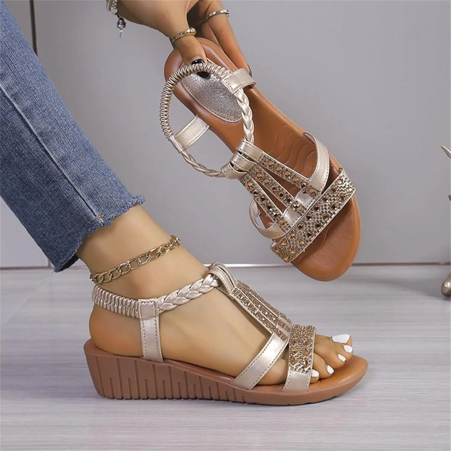 Wedge Sandals for Women Comfortable Rhinestone Beaded Bohemian Sandals, Womens Slip On Flat Wedges Open Toe Ankle Strap Beach Shoes T-Strap Dress Sandal
