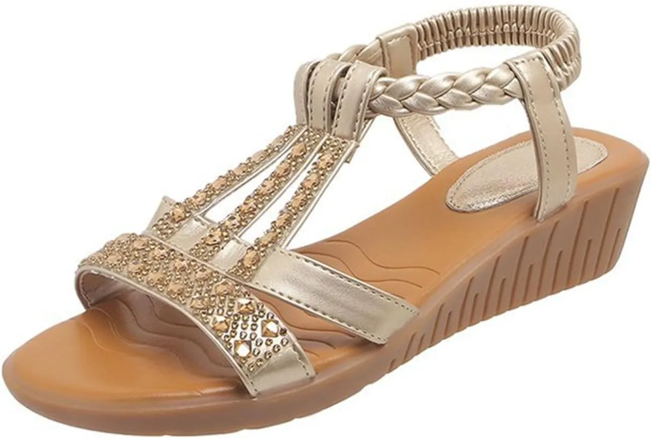 Wedge Sandals for Women Comfortable Rhinestone Beaded Bohemian Sandals, Womens Slip On Flat Wedges Open Toe Ankle Strap Beach Shoes T-Strap Dress Sandal