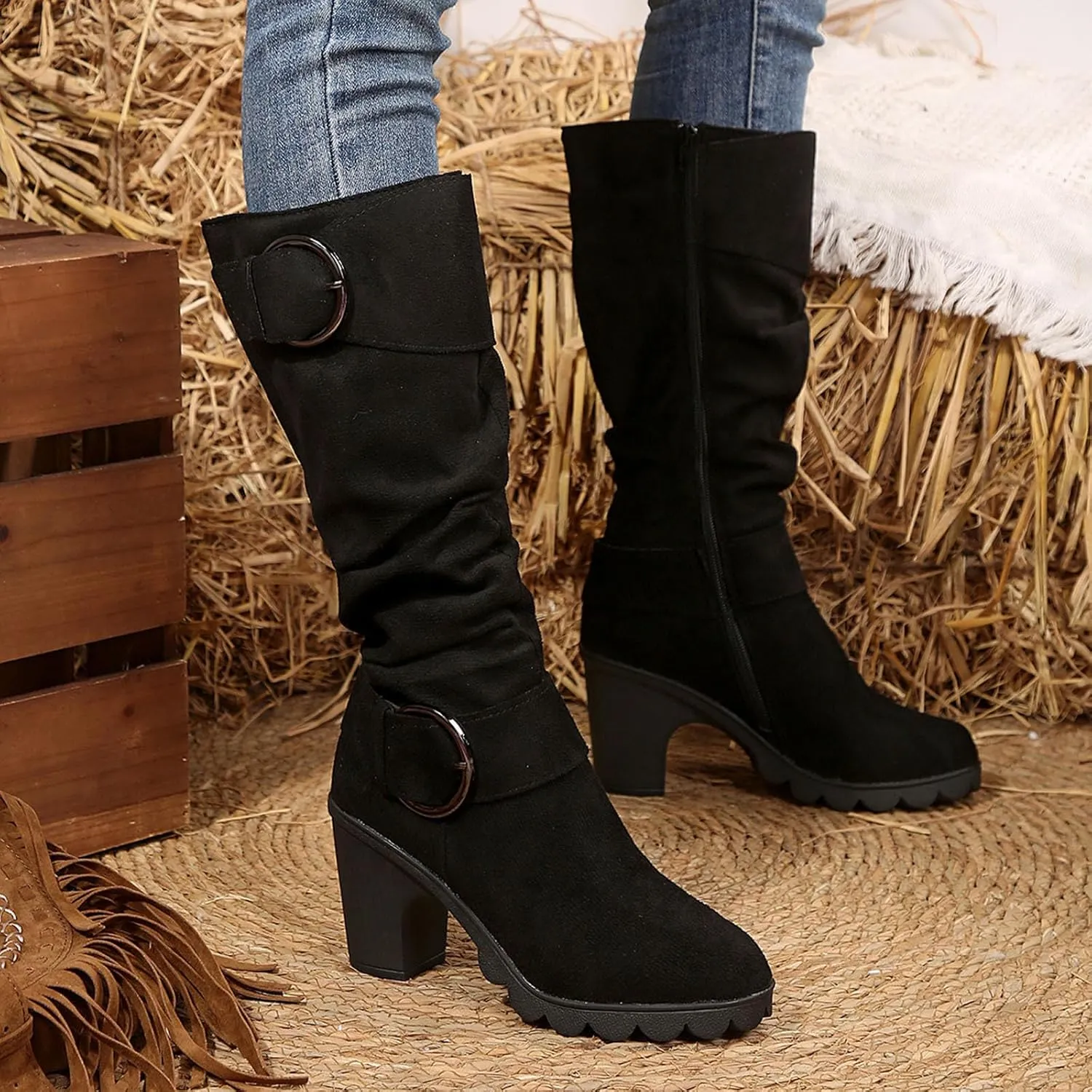 Wide Calf Rain Boots for Women Plus Size Fashion Women Solid Autumn Winter Thick Sole Wedge Boots for Women Wide Calf