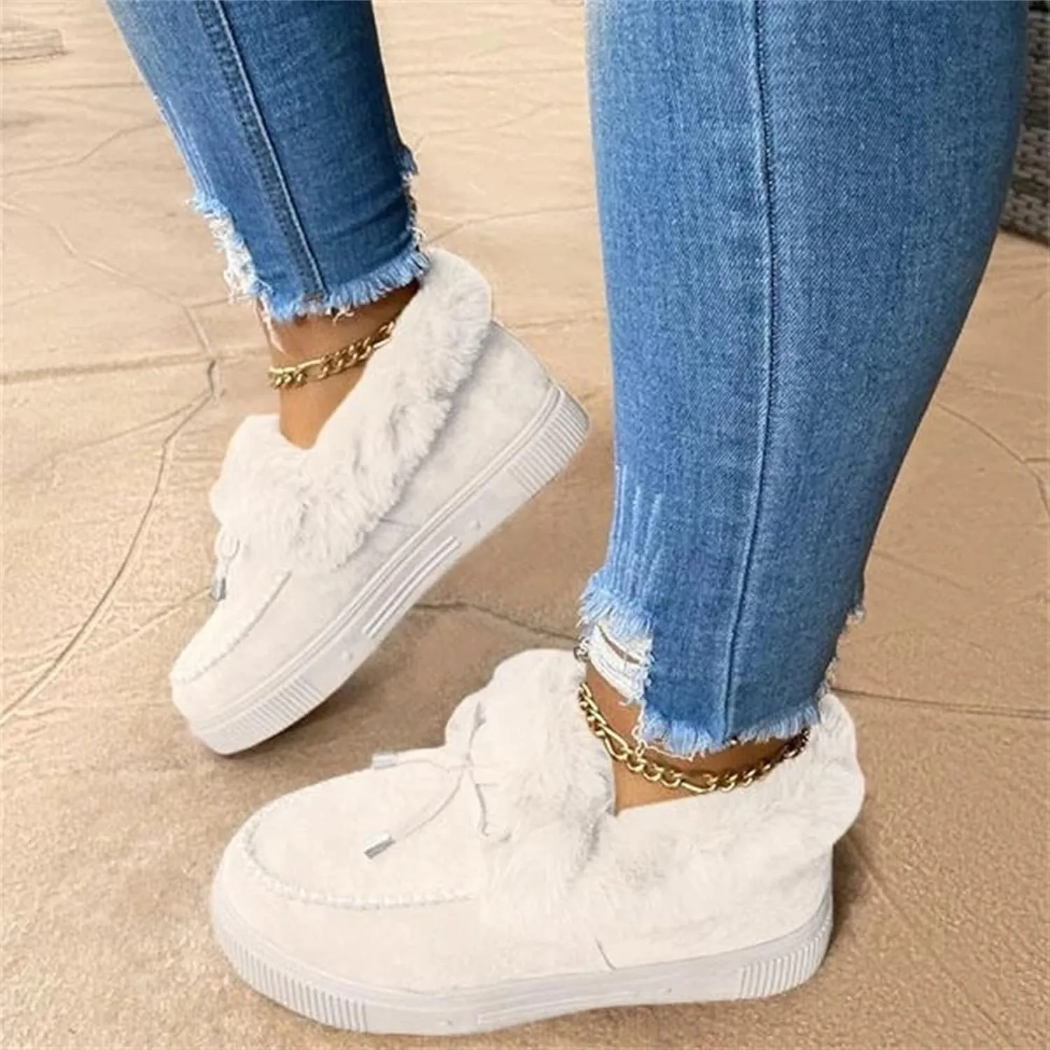 Winter Boots For Women Fashion Warm Snow Fuzzy Ankle Booties Cute Silp On Comfortable Casual Fur Lined Loafers Shoes