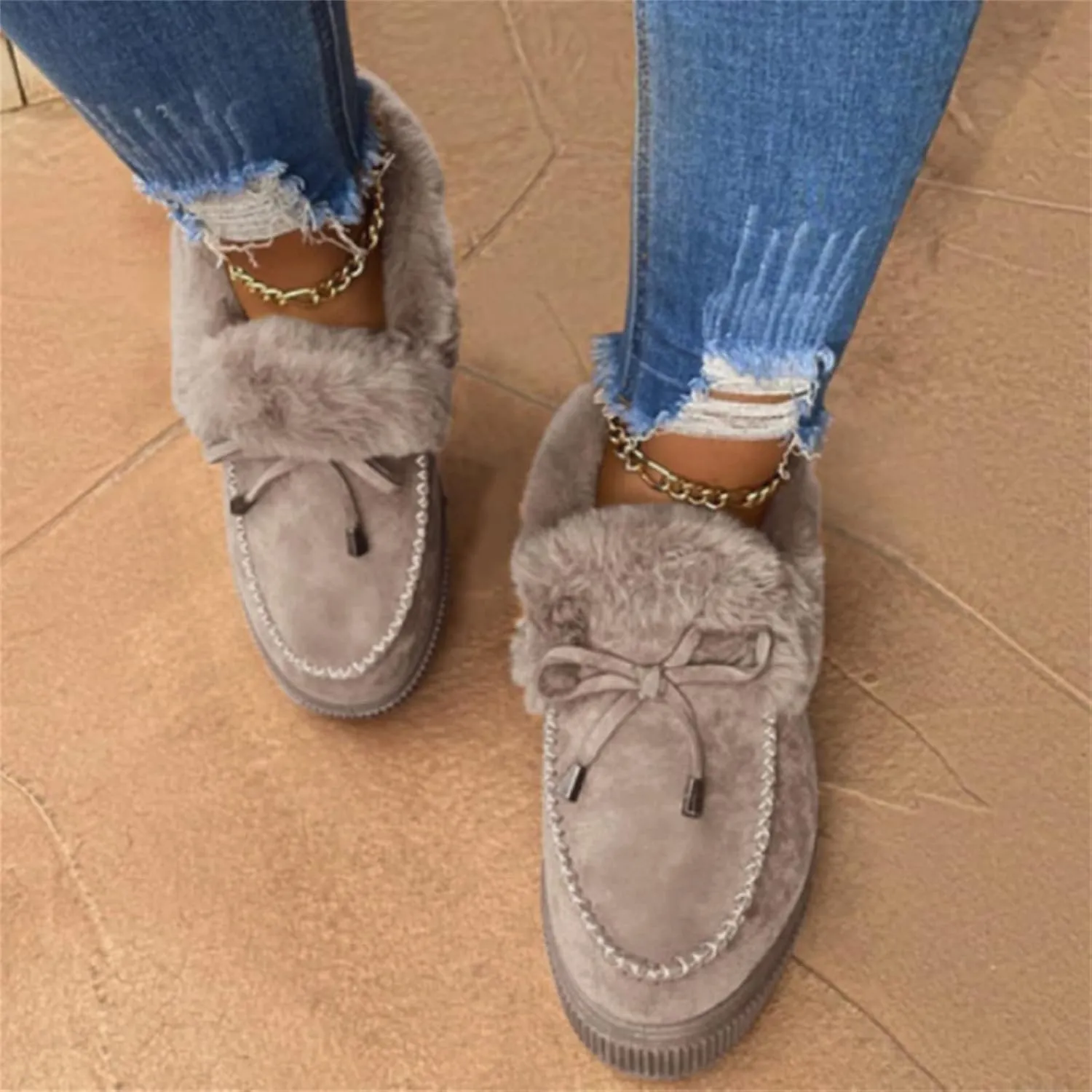 Winter Boots For Women Fashion Warm Snow Fuzzy Ankle Booties Cute Silp On Comfortable Casual Fur Lined Loafers Shoes