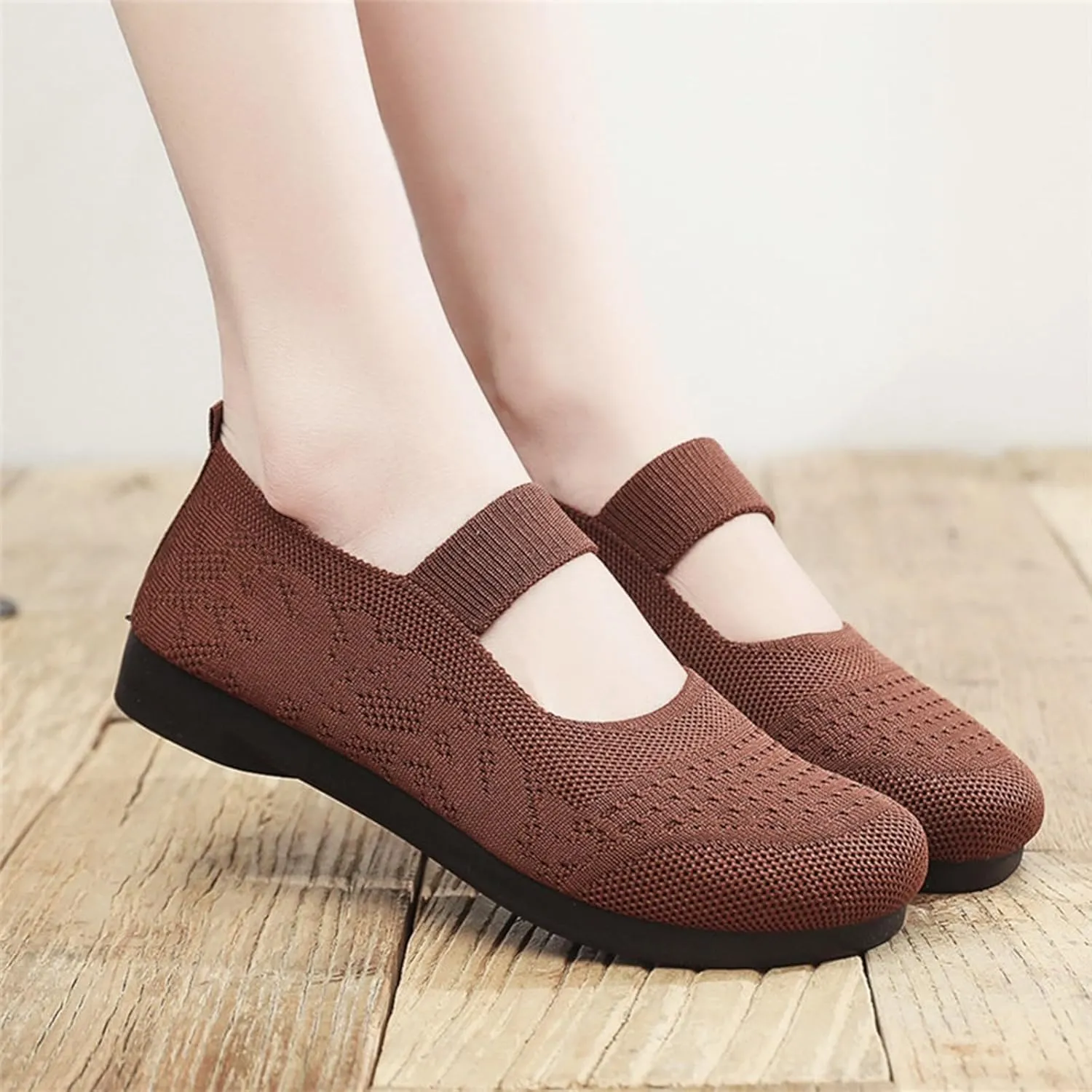 Women Mary Jane Flat Shoes Wide Toe Box Comofortable Ballet Flat with Adjustable Straps Slip on Washable Knit Casual Flats