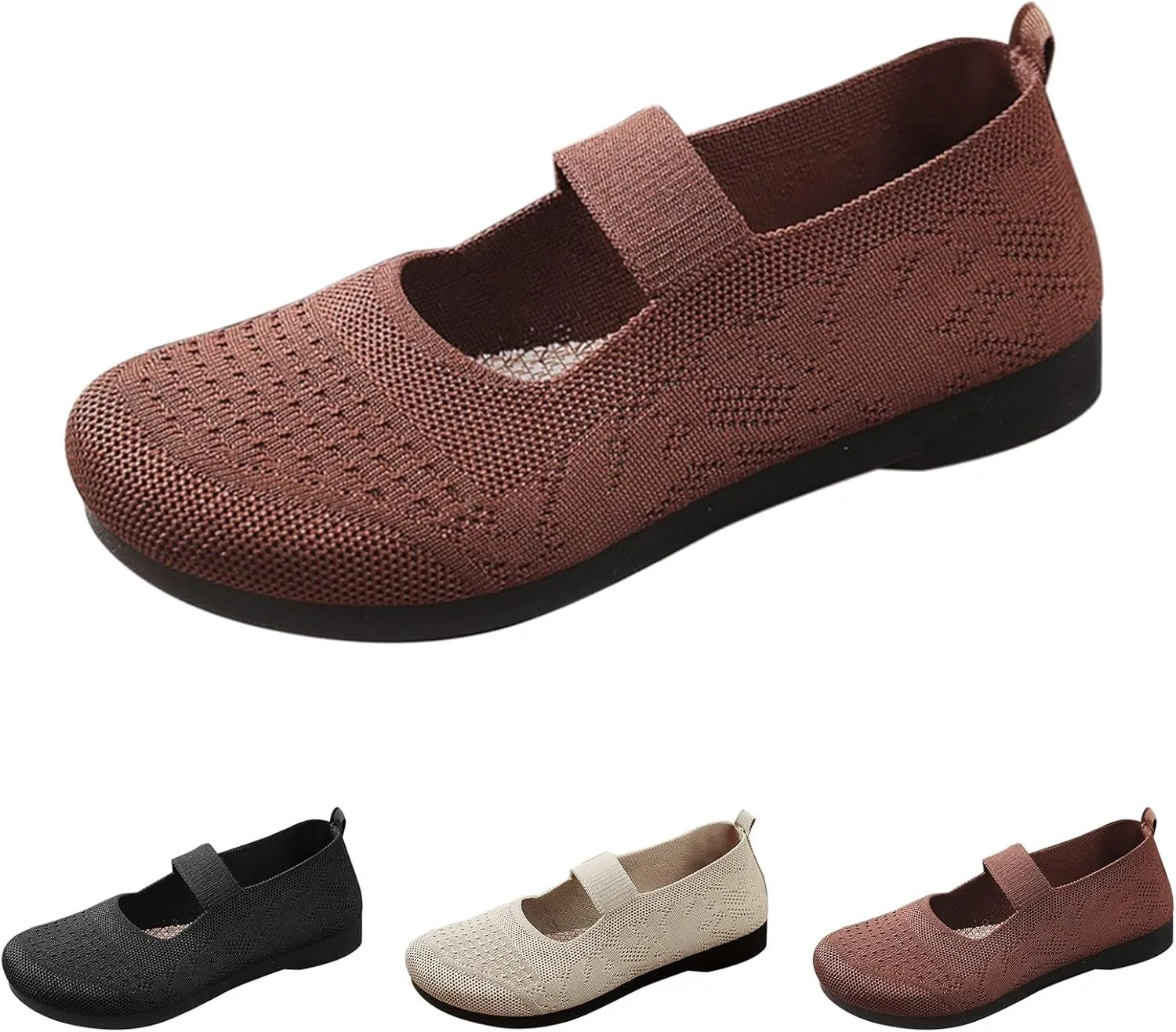Women Mary Jane Flat Shoes Wide Toe Box Comofortable Ballet Flat with Adjustable Straps Slip on Washable Knit Casual Flats