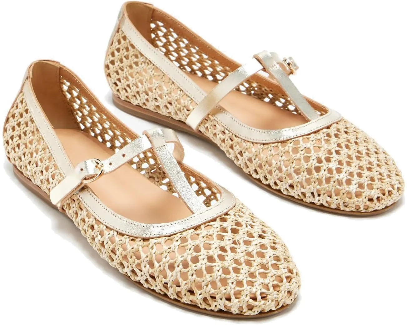 Women T-Strap Ballet Flats Woven Mesh Round Toe Cute Ballerina Shoes Slip On Causal Flat Shoes Straw Buckle Sandals for Working