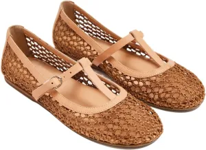 Women T-Strap Ballet Flats Woven Mesh Round Toe Cute Ballerina Shoes Slip On Causal Flat Shoes Straw Buckle Sandals for Working