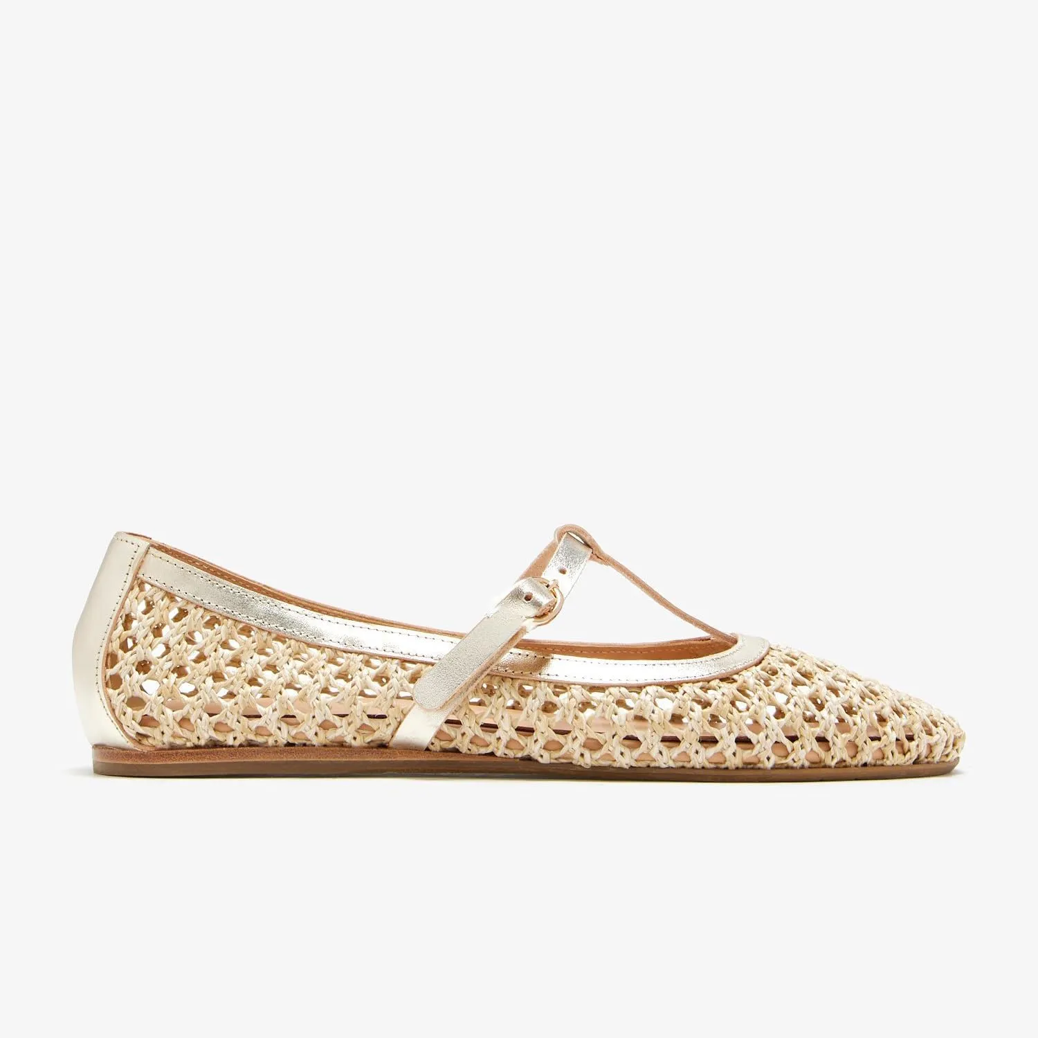 Women T-Strap Ballet Flats Woven Mesh Round Toe Cute Ballerina Shoes Slip On Causal Flat Shoes Straw Buckle Sandals for Working