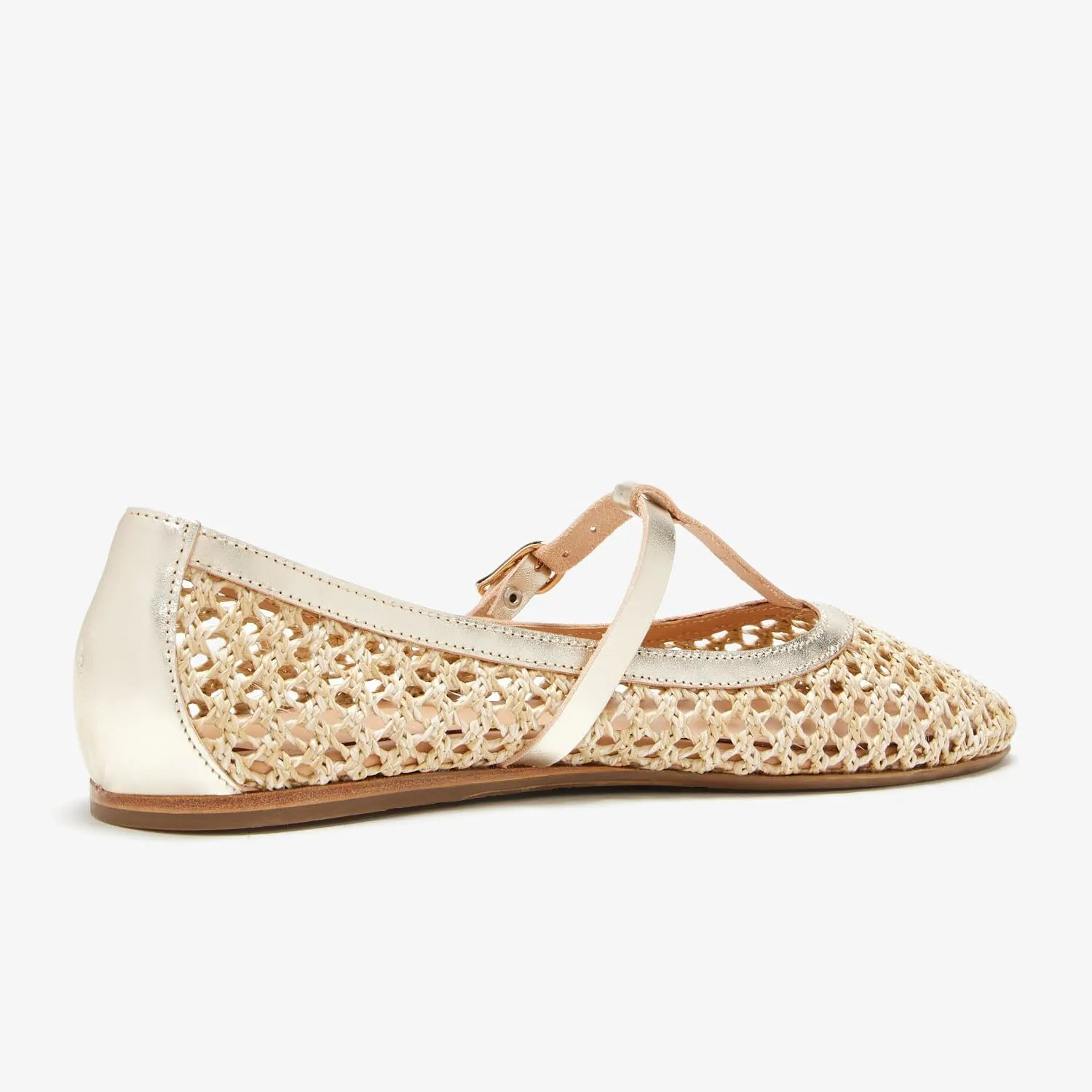 Women T-Strap Ballet Flats Woven Mesh Round Toe Cute Ballerina Shoes Slip On Causal Flat Shoes Straw Buckle Sandals for Working