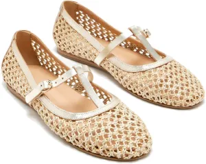 Women T-Strap Ballet Flats Woven Mesh Round Toe Cute Ballerina Shoes Slip On Causal Flat Shoes Straw Buckle Sandals for Working