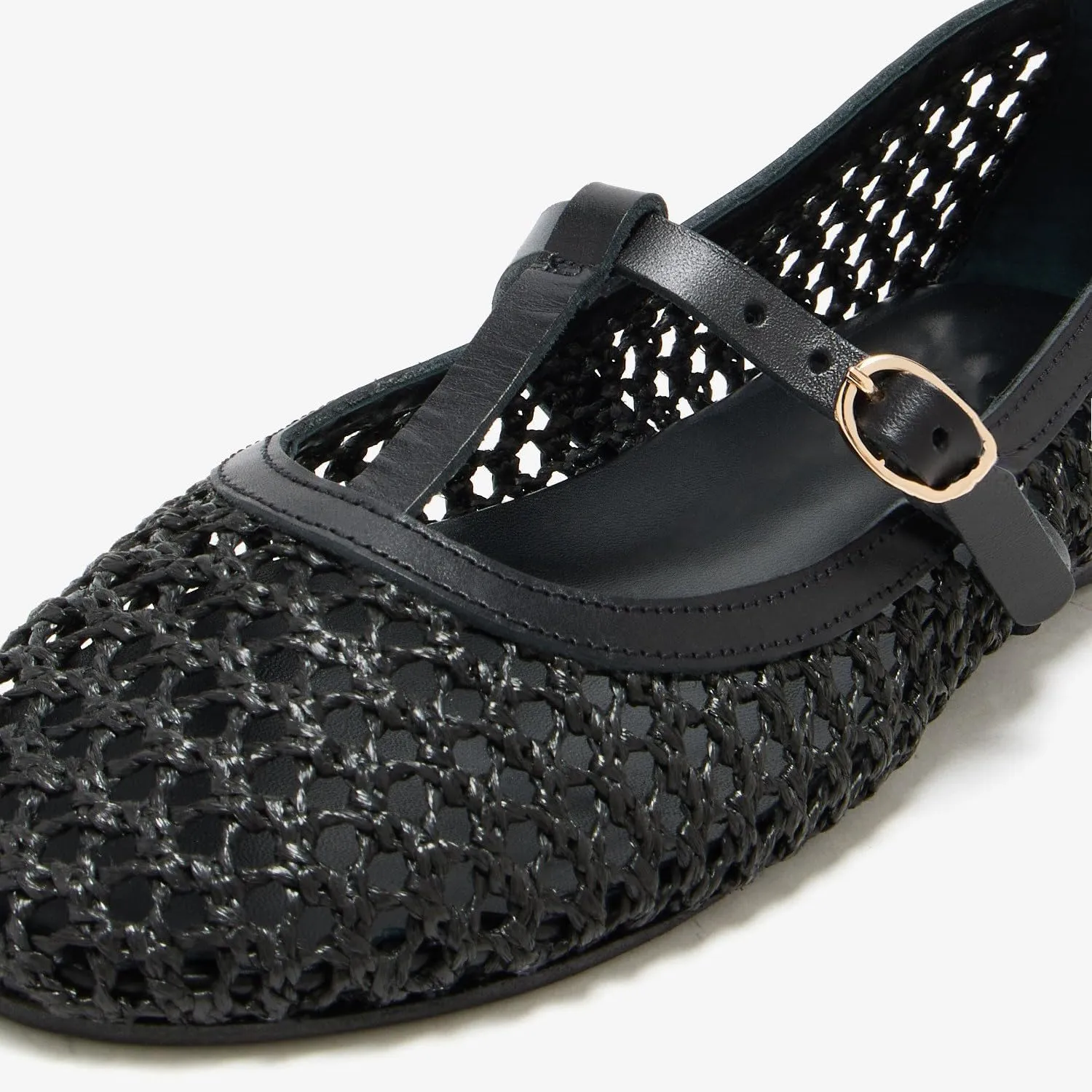 Women T-Strap Ballet Flats Woven Mesh Round Toe Cute Ballerina Shoes Slip On Causal Flat Shoes Straw Buckle Sandals for Working