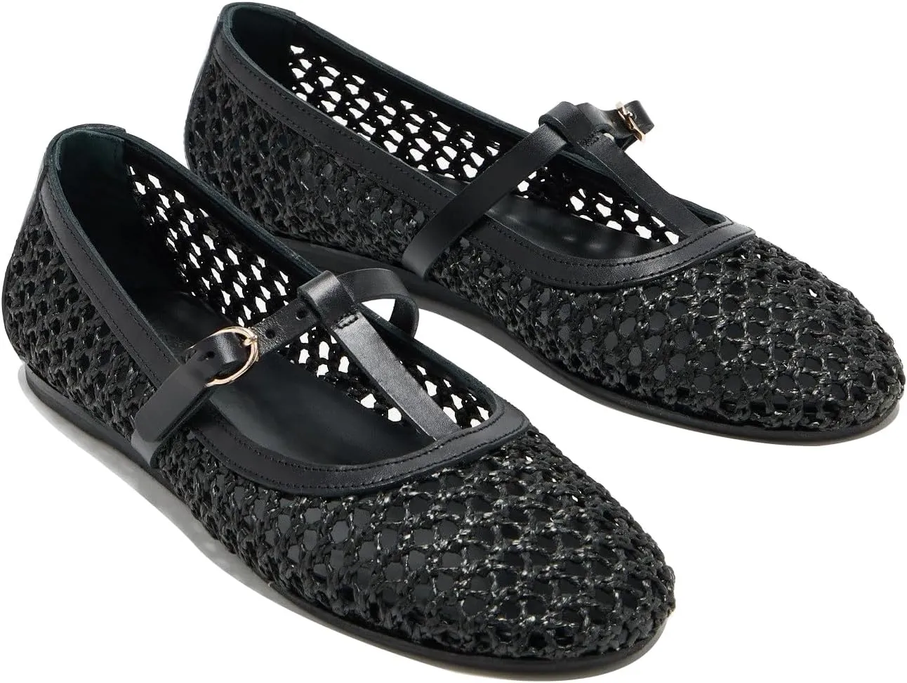 Women T-Strap Ballet Flats Woven Mesh Round Toe Cute Ballerina Shoes Slip On Causal Flat Shoes Straw Buckle Sandals for Working