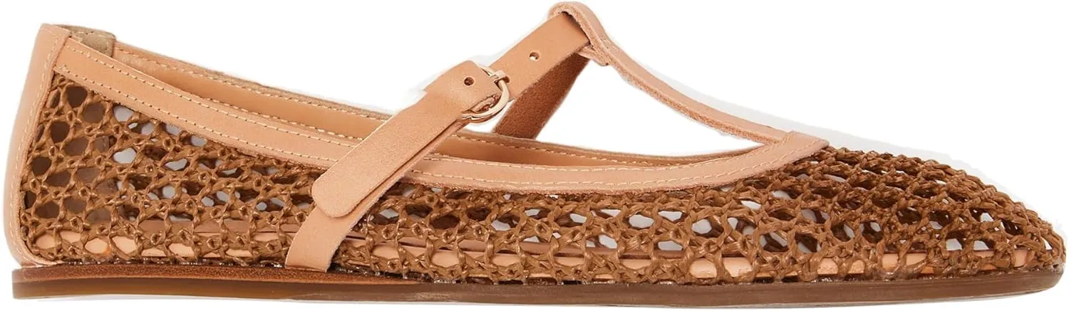 Women T-Strap Ballet Flats Woven Mesh Round Toe Cute Ballerina Shoes Slip On Causal Flat Shoes Straw Buckle Sandals for Working