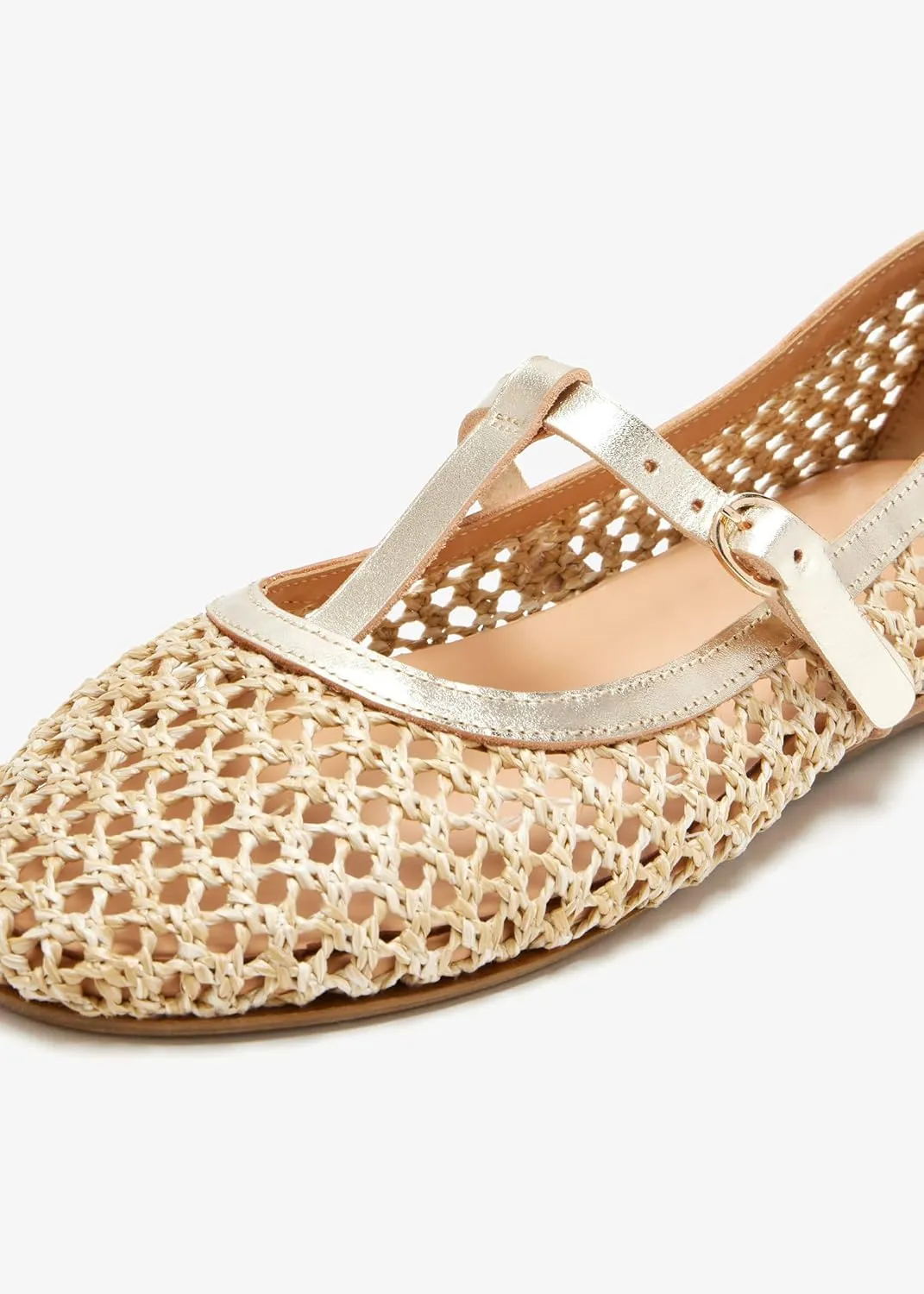 Women T-Strap Ballet Flats Woven Mesh Round Toe Cute Ballerina Shoes Slip On Causal Flat Shoes Straw Buckle Sandals for Working