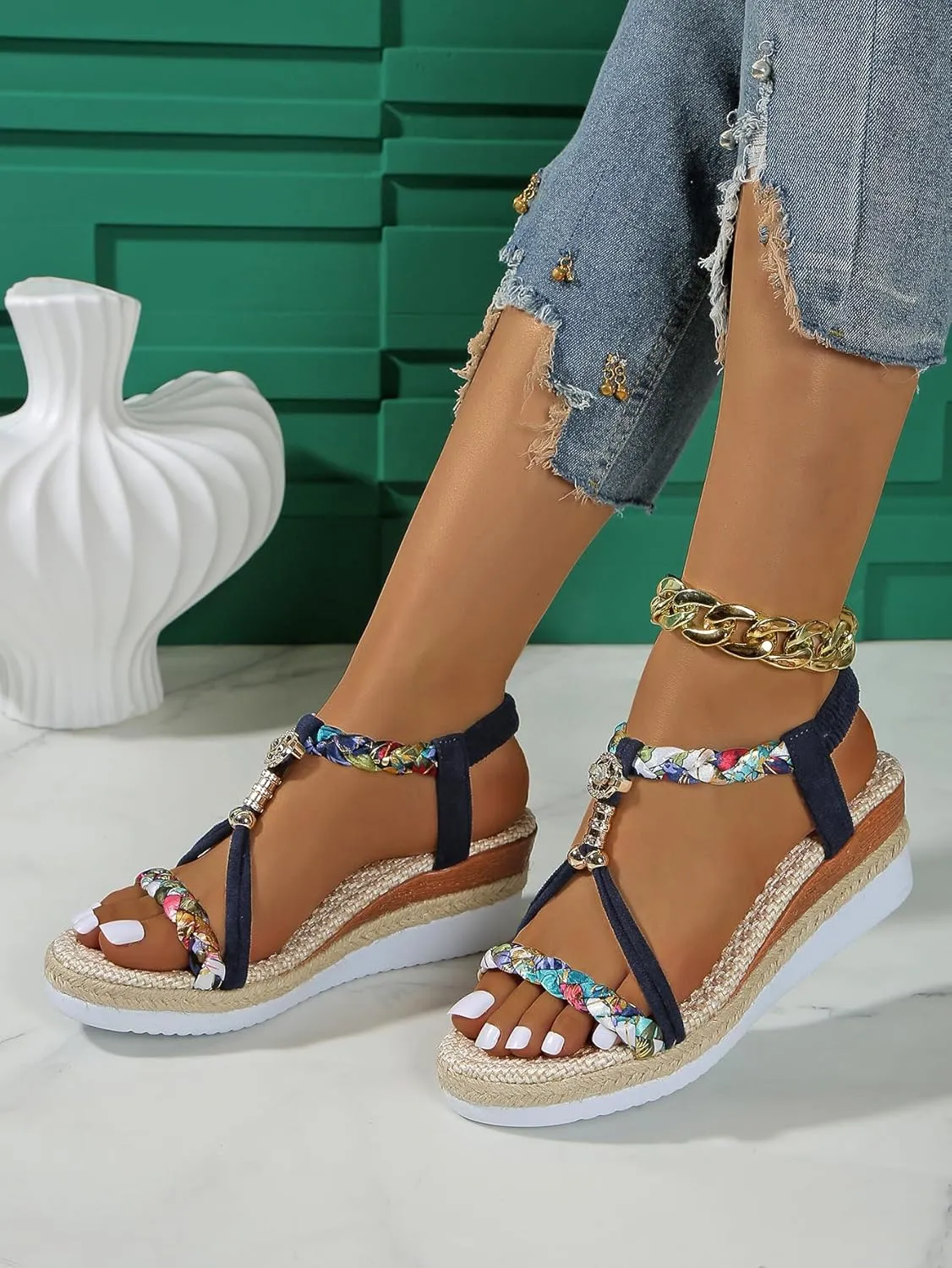 Women's Beige Woven Wedge Sandals  Braided Ankle Strap with Chain Accent  Eco-Chic Summer Casual Shoes