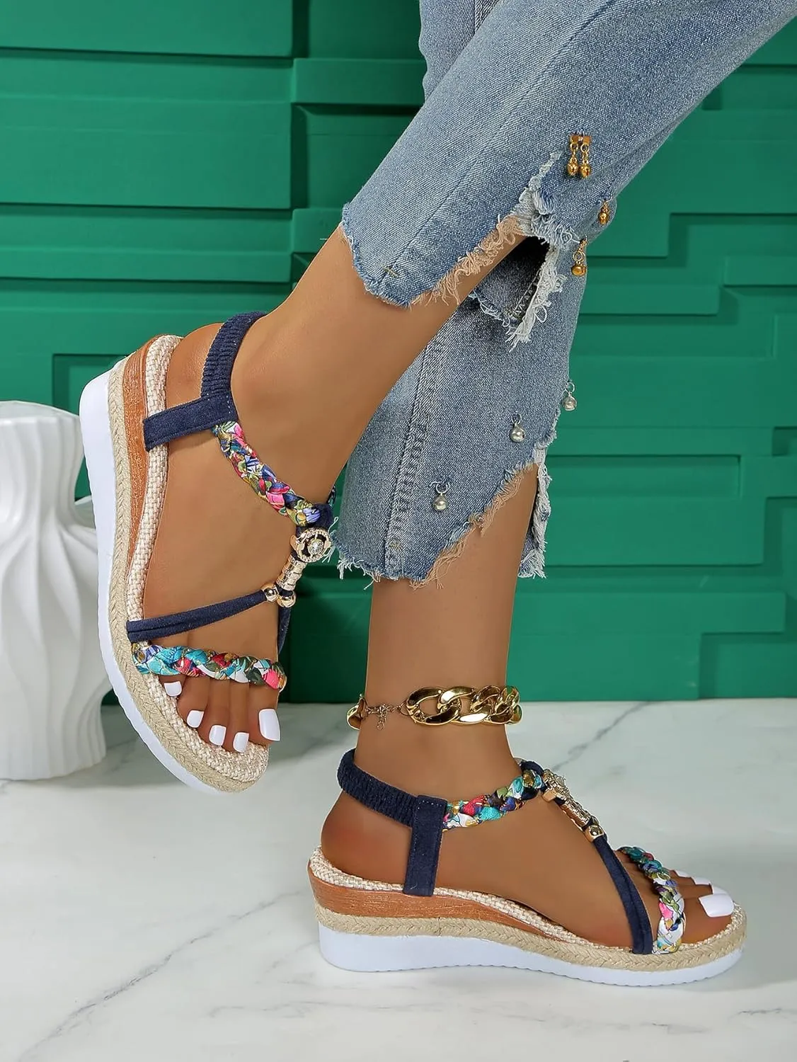Women's Beige Woven Wedge Sandals  Braided Ankle Strap with Chain Accent  Eco-Chic Summer Casual Shoes