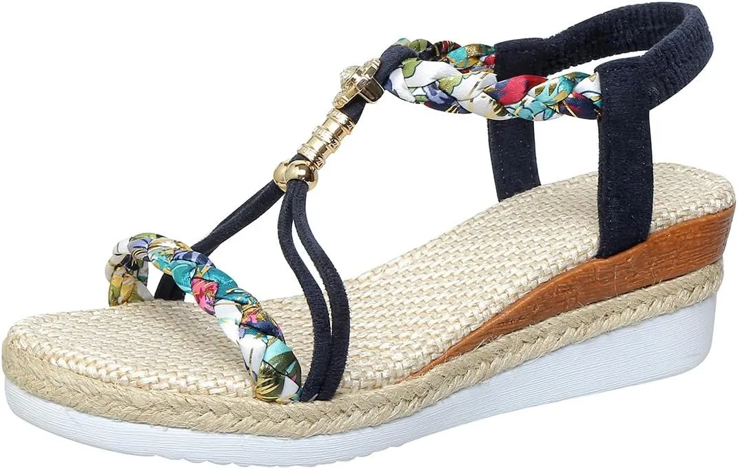 Women's Beige Woven Wedge Sandals  Braided Ankle Strap with Chain Accent  Eco-Chic Summer Casual Shoes