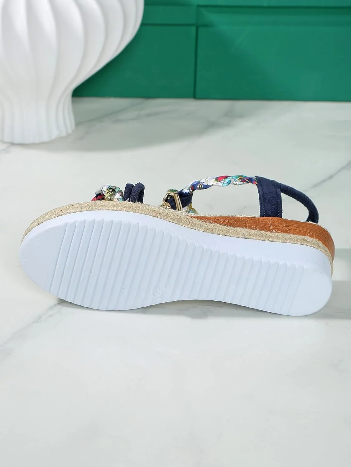 Women's Beige Woven Wedge Sandals  Braided Ankle Strap with Chain Accent  Eco-Chic Summer Casual Shoes