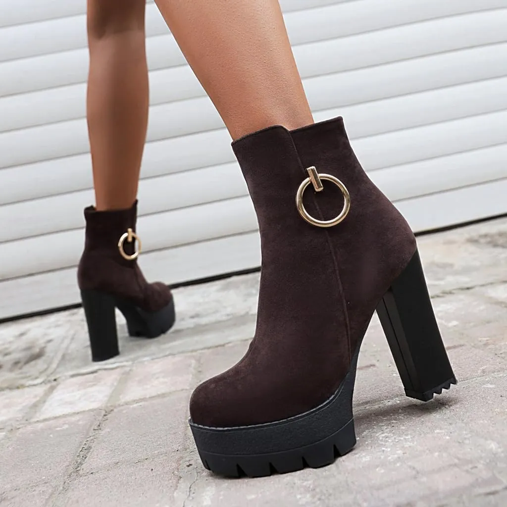 Women's Chunky Platform High Heel Ankle Boots Round Toe Suede Side Zipper Winter Dressy Short Bootie