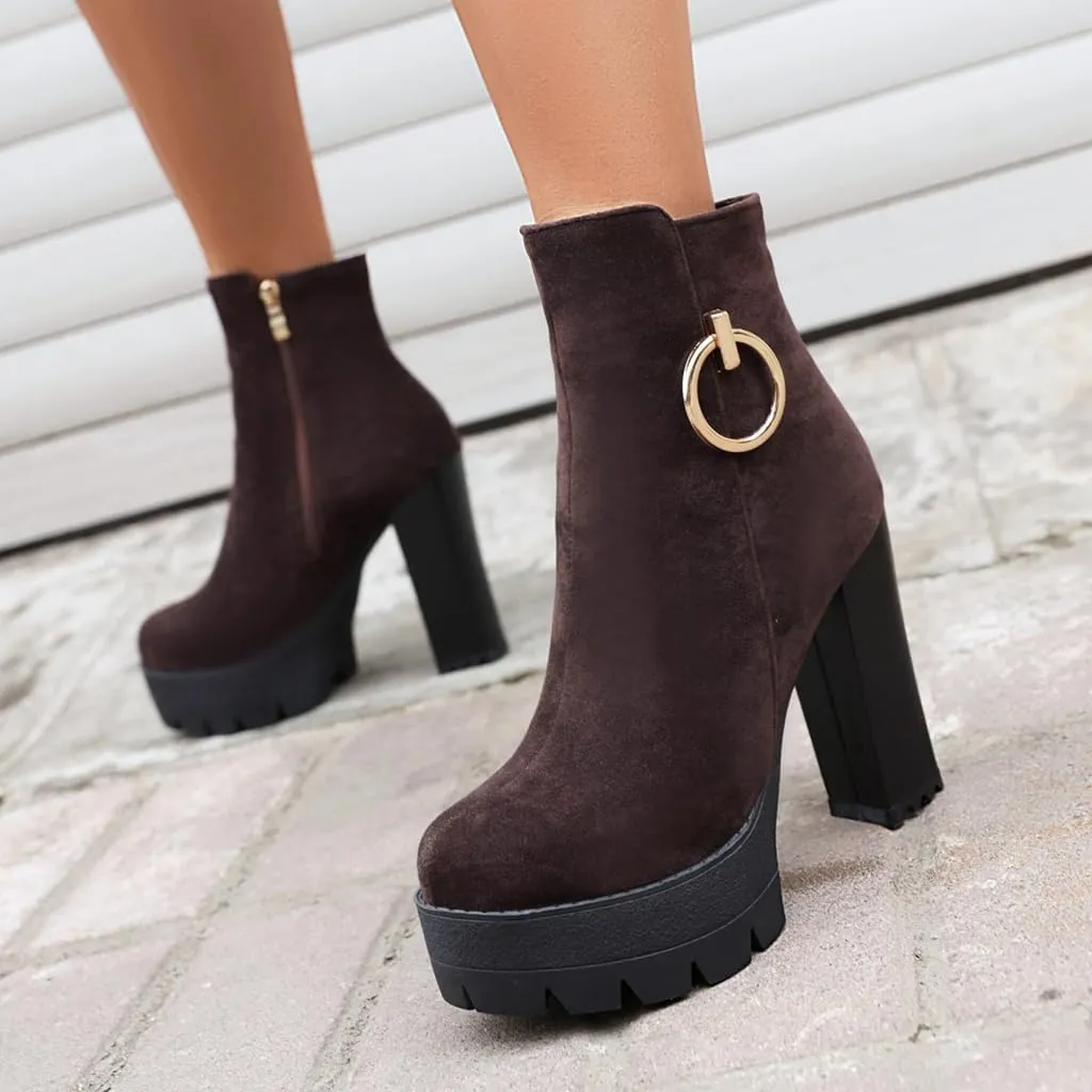 Women's Chunky Platform High Heel Ankle Boots Round Toe Suede Side Zipper Winter Dressy Short Bootie