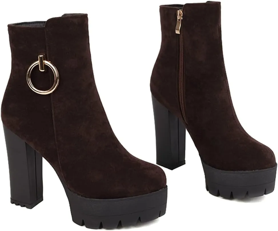 Women's Chunky Platform High Heel Ankle Boots Round Toe Suede Side Zipper Winter Dressy Short Bootie