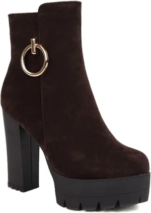 Women's Chunky Platform High Heel Ankle Boots Round Toe Suede Side Zipper Winter Dressy Short Bootie