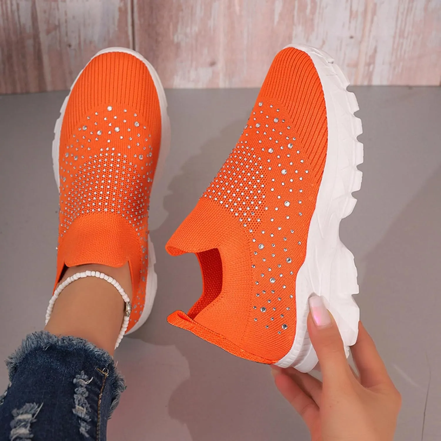 Women's Slip on Walking Shoes Rhinestone Comfy Rhinestone Knitted Non Slip Arch Support Running Shoes Breathable Gym Workout Shoes Lightweight Fashion Sneakers