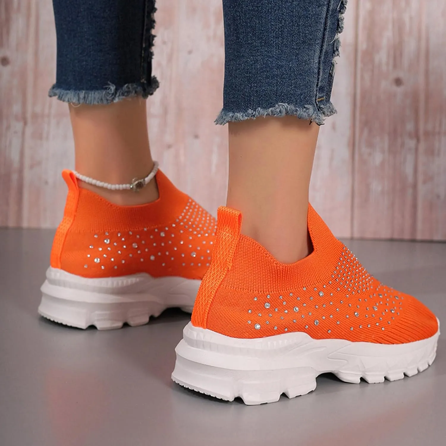 Women's Slip on Walking Shoes Rhinestone Comfy Rhinestone Knitted Non Slip Arch Support Running Shoes Breathable Gym Workout Shoes Lightweight Fashion Sneakers