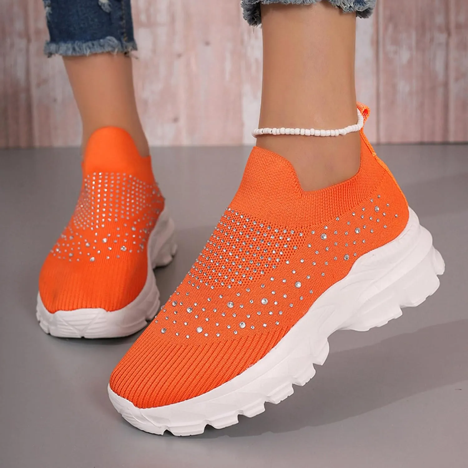 Women's Slip on Walking Shoes Rhinestone Comfy Rhinestone Knitted Non Slip Arch Support Running Shoes Breathable Gym Workout Shoes Lightweight Fashion Sneakers