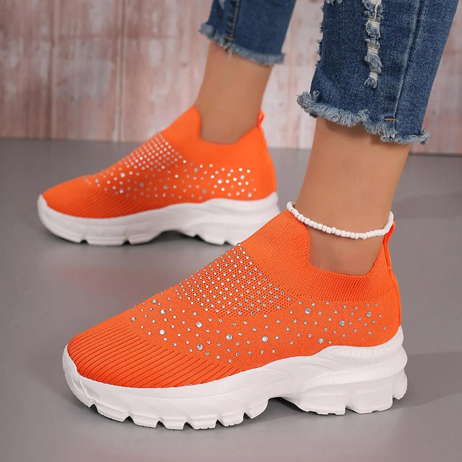 Women's Slip on Walking Shoes Rhinestone Comfy Rhinestone Knitted Non Slip Arch Support Running Shoes Breathable Gym Workout Shoes Lightweight Fashion Sneakers