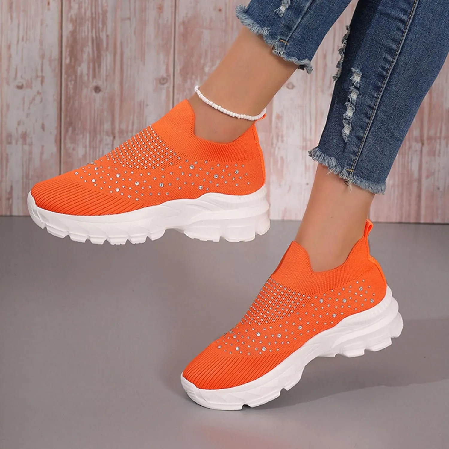 Women's Slip on Walking Shoes Rhinestone Comfy Rhinestone Knitted Non Slip Arch Support Running Shoes Breathable Gym Workout Shoes Lightweight Fashion Sneakers