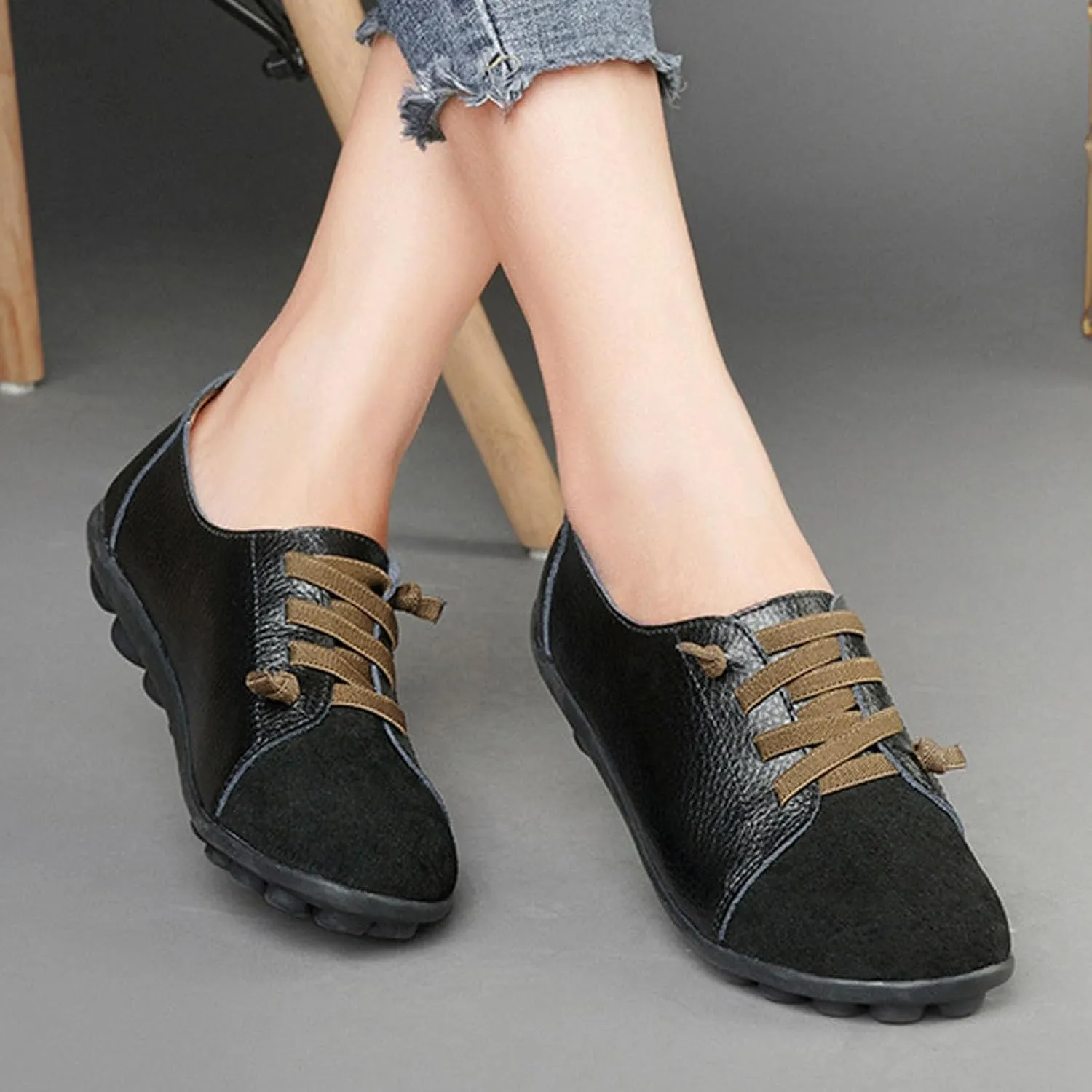 Women's Suede Casual Flat Oxford Shoes Round Toe Soft Sole Non-Slip Work Dress Lace-Up Shoes Comfortable Non-Slip Walking Mom Shoes