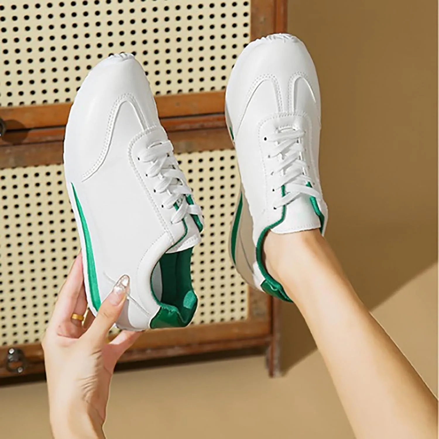 Womens Workout Shoes Fashion Lace Up Faux Leather Non Slip Sneakers Comfortable Casual Walking Running Athletic Shoes