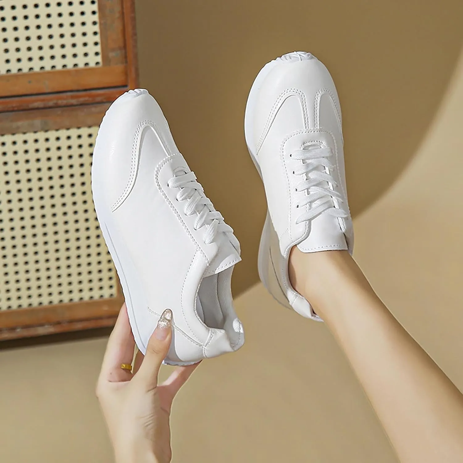 Womens Workout Shoes Fashion Lace Up Faux Leather Non Slip Sneakers Comfortable Casual Walking Running Athletic Shoes