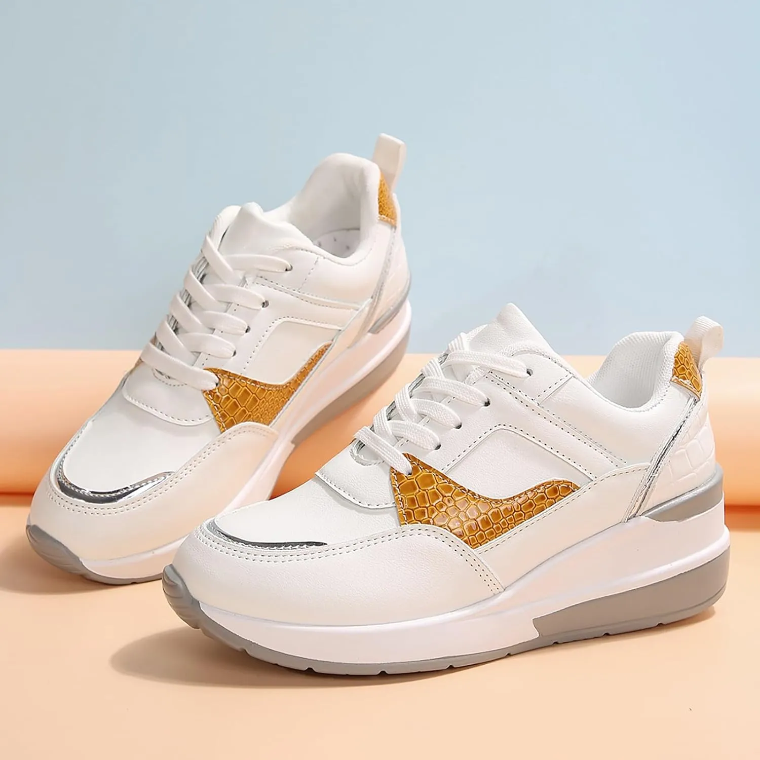 Womens Workout Shoes Fashion Wedge Platform Thick Sole Lace Up Sneakers Casual Comfortable Waterproof Walking Shoes
