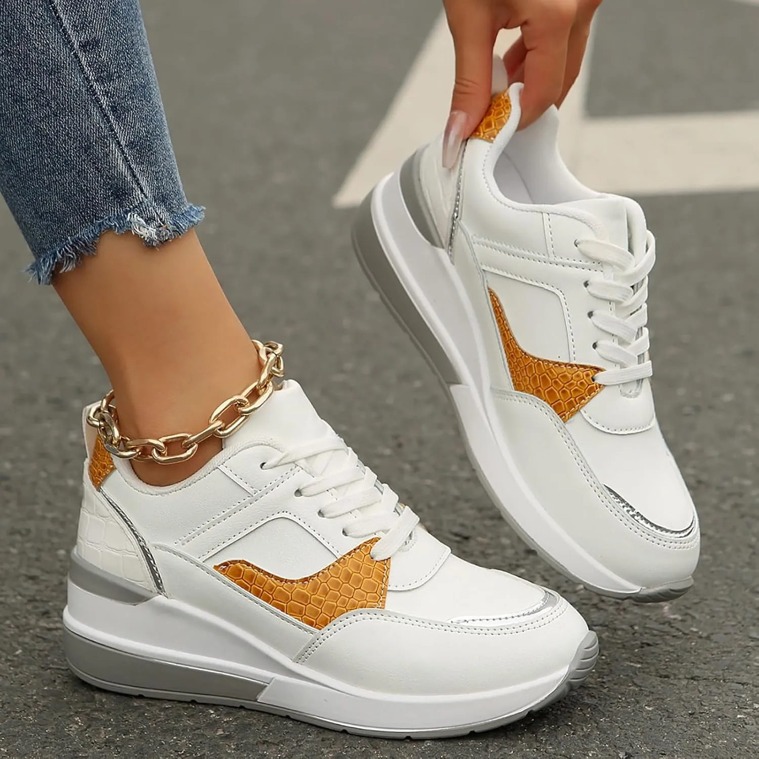 Womens Workout Shoes Fashion Wedge Platform Thick Sole Lace Up Sneakers Casual Comfortable Waterproof Walking Shoes