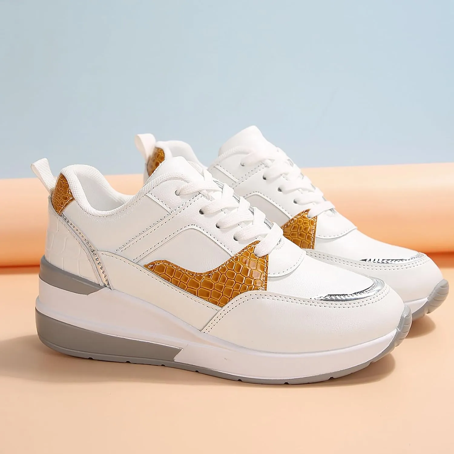Womens Workout Shoes Fashion Wedge Platform Thick Sole Lace Up Sneakers Casual Comfortable Waterproof Walking Shoes